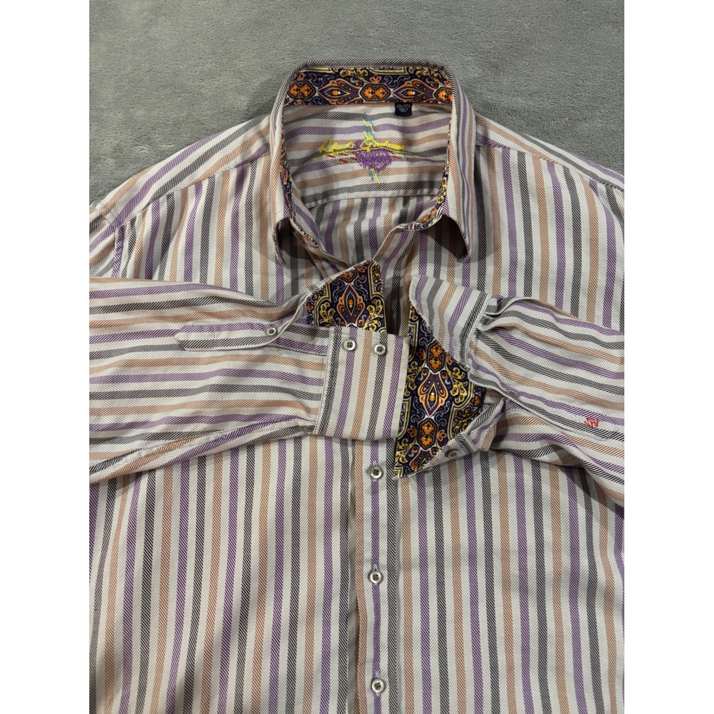 Robert Graham Mens 2XL Striped Button Down Shirt Purple Brown Paisley Cuffs
